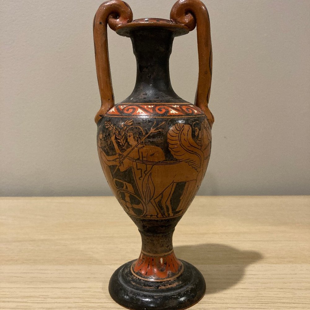 Vintage Ancient Greek Pottery Vase with Red Figured Helius